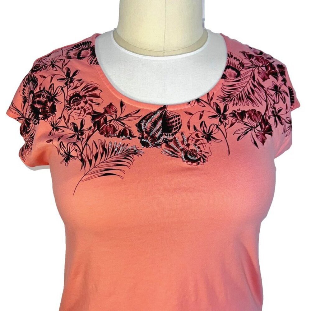 Coral Bay Blouse Womens L Peach Floral Seashell Silver Beaded Neck Short Sleeve - Picture 3 of 14